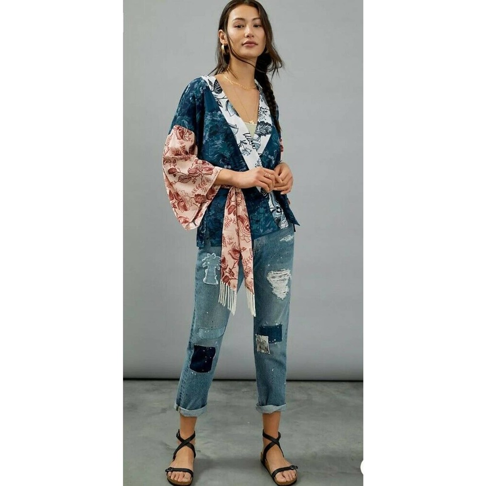Anthropologie Floral Tori Cropped Kimono One Size Missing Sash EUC